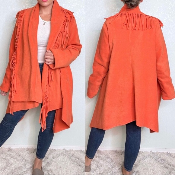 Sweaters - Oversized Open Front Fleece Cardigan with Fringe Long Sleeve Orange Sweater Cape